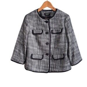 Talbots Blazer Womens 10P Navy & White Tweed Grosgrain Trim 3/4 Sleeve